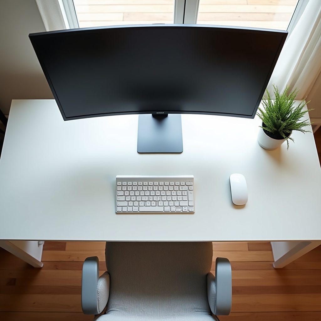 Overhead view of a well-configured ergonomic desk workspace with monitor at eye level, keyboard positioned for neutral wrists