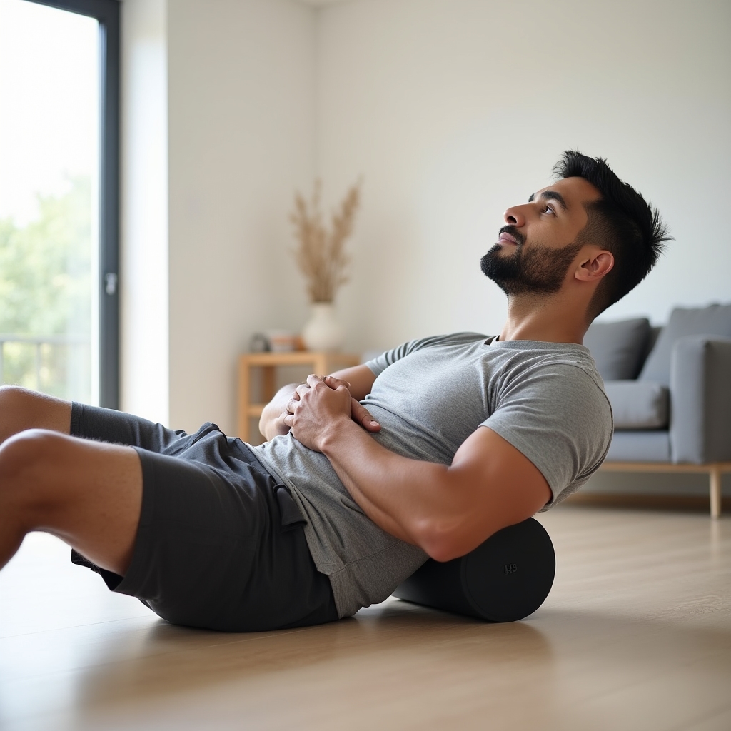 Close-up of foam roller being used on upper back with person lying on floor in bright minimalist room