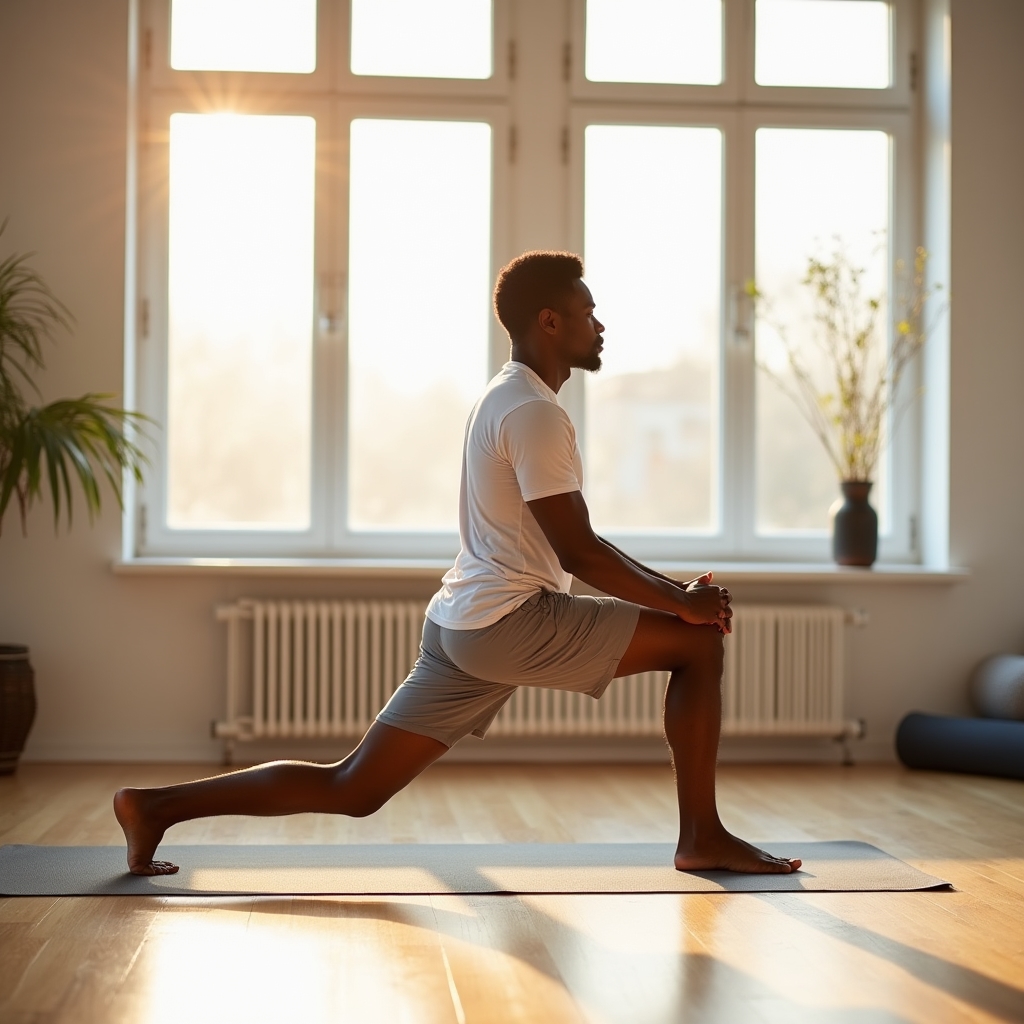 Person performing a hip flexor stretch as part of a morning mobility routine at home